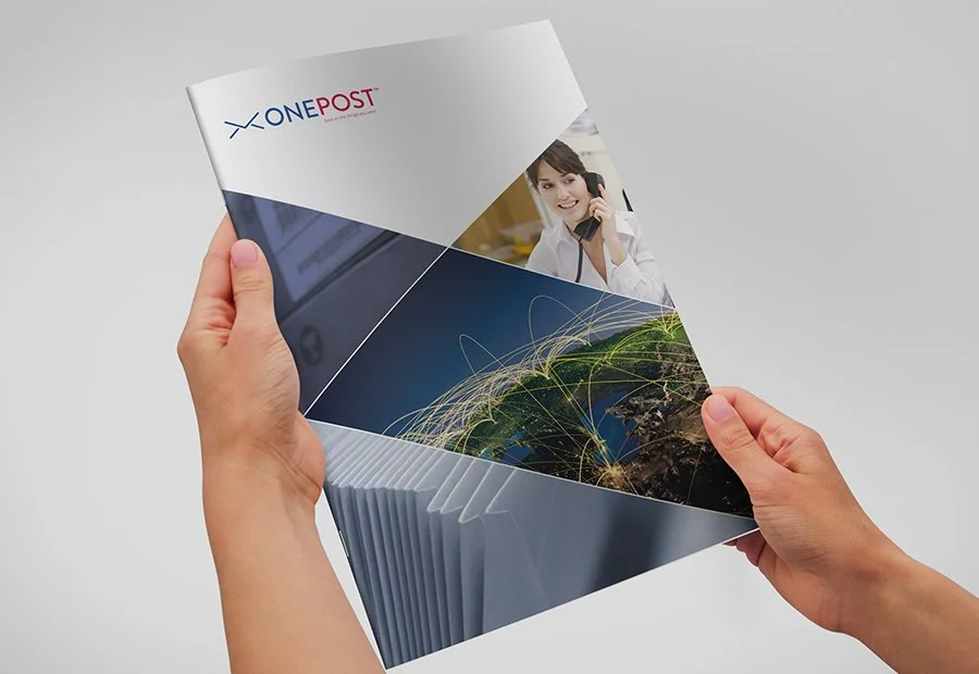 Brochure with XTONE POST logo, a woman talking on phone, and a globe with connecting lines.