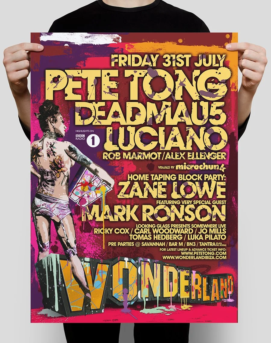 Colorful poster for a music event featuring Pete Tong, Deadmau5, Luciano, Rob Marmot, Alex Ellenger, Zane Lowe, Mark Ronson, and other artists, scheduled for Friday, July 31st, with visuals by microchuna, in Ibiza.