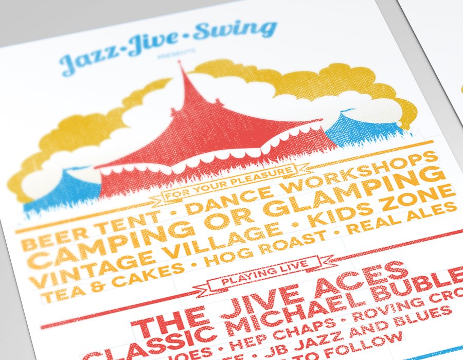 Poster advertising a jazz-jive-swing event featuring camping, dance workshops, vintage village, hog roast, and more, with a live performance by 'The Jive Aces'.