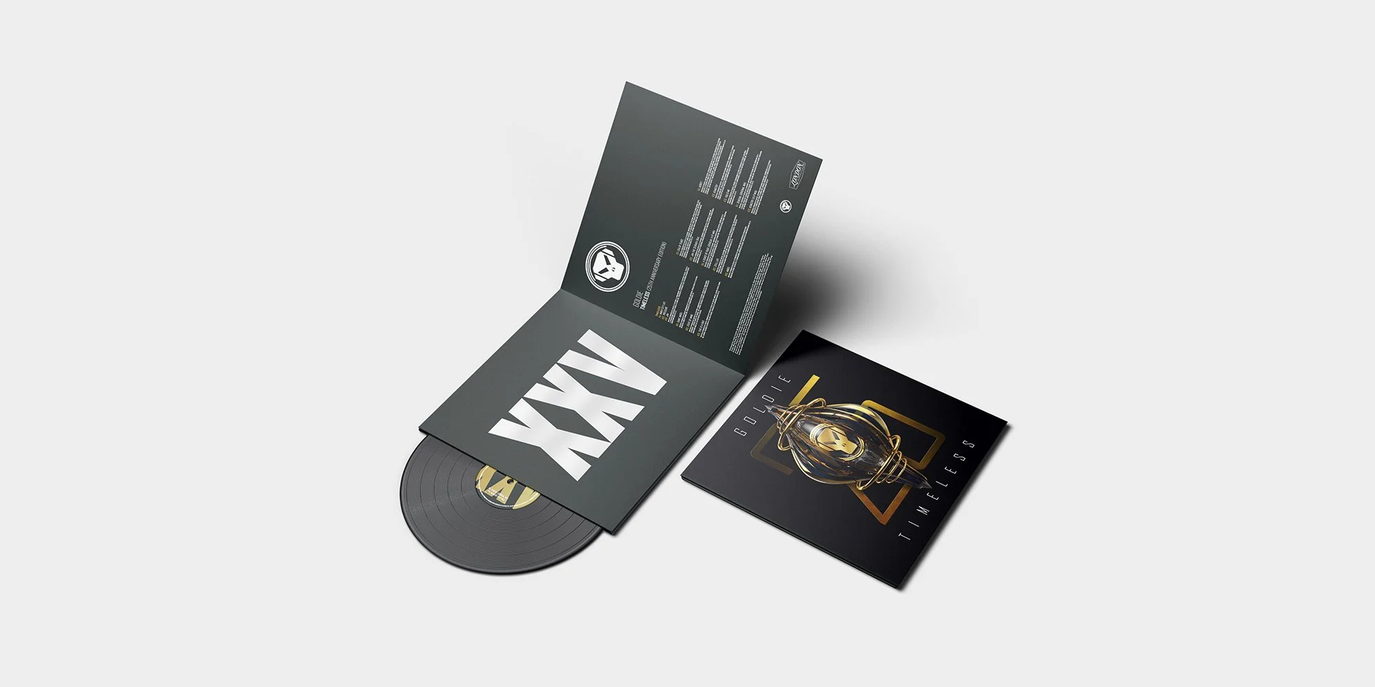 A vinyl record in a sleeve, with an informational booklet and an album cover titled 'God Timeless' featuring a futuristic golden helmet with wires and a glass sphere.