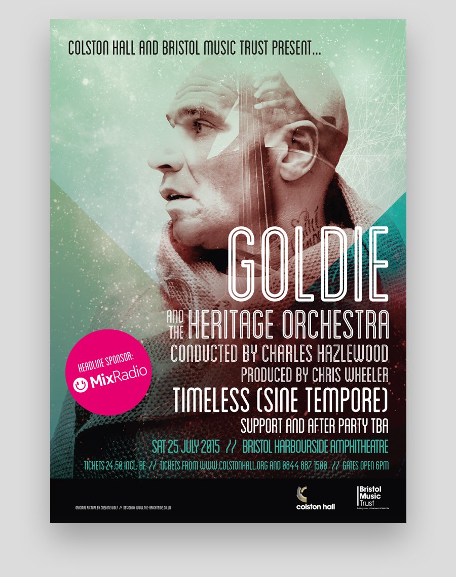 Event poster for a concert featuring Goldie and the Heritage Orchestra, conducted by Charles Hazelwood, with Timeless (Sine Tempore). The event is on July 25, 2015, at Bristol Harbourside Amphitheatre, organized by Colston Hall and Bristol Music Trus