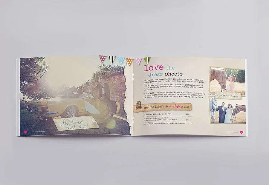 Open scrapbook with wedding photos, including a car, a bride and groom, and horses, with decorative banners and handwritten notes.