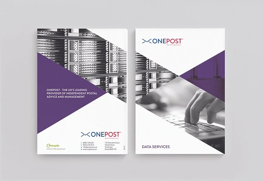 Brochure or flyer for ONEPOST, a UK-based postal advice and management company, featuring black-and-white images of server racks and a person typing on a keyboard, with purple and white design elements.