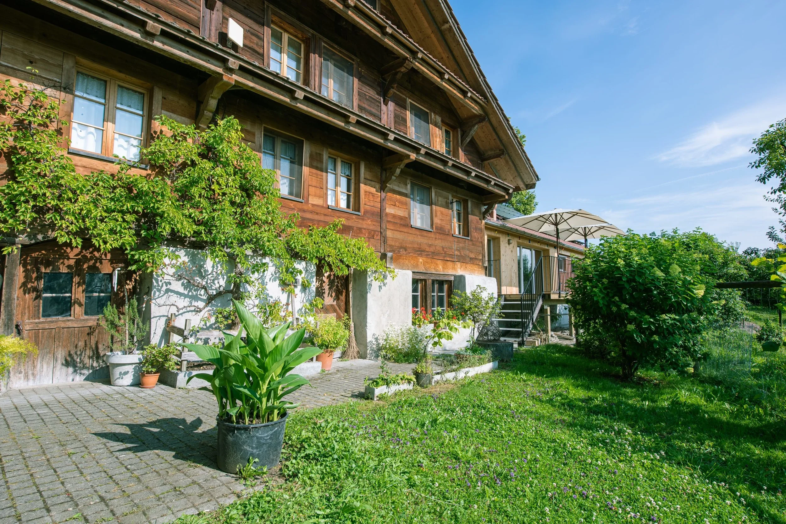 Ein zweistöckiges Bauernhaus mit vielen Fenstern, umgeben von Pflanzen und Bäumen, an einem sonnigen Tag.