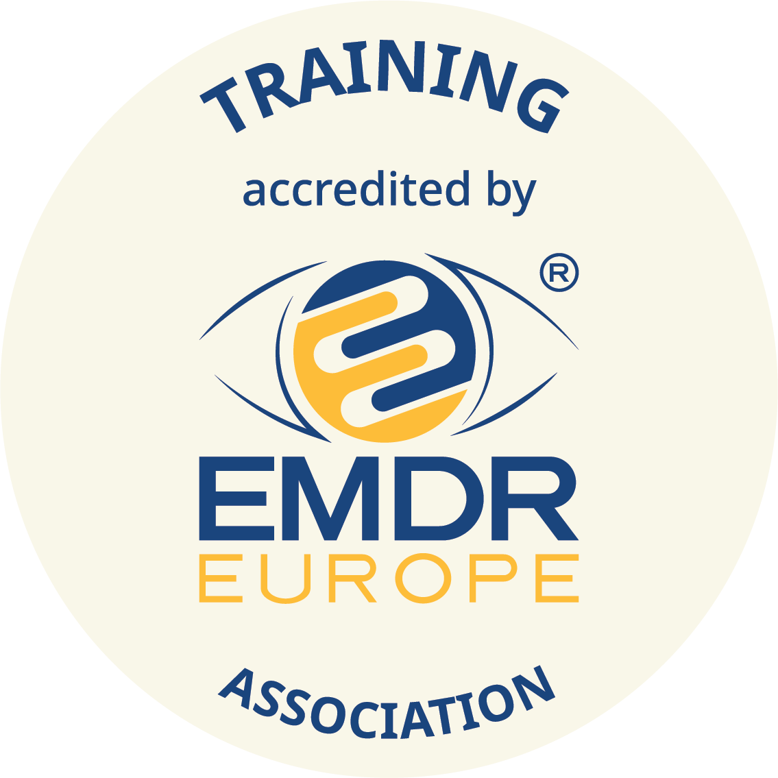 EMDR Europe Association training accreditation badge with a logo featuring a stylized eye and DNA strand, and text indicating EMDR Europe accreditation.