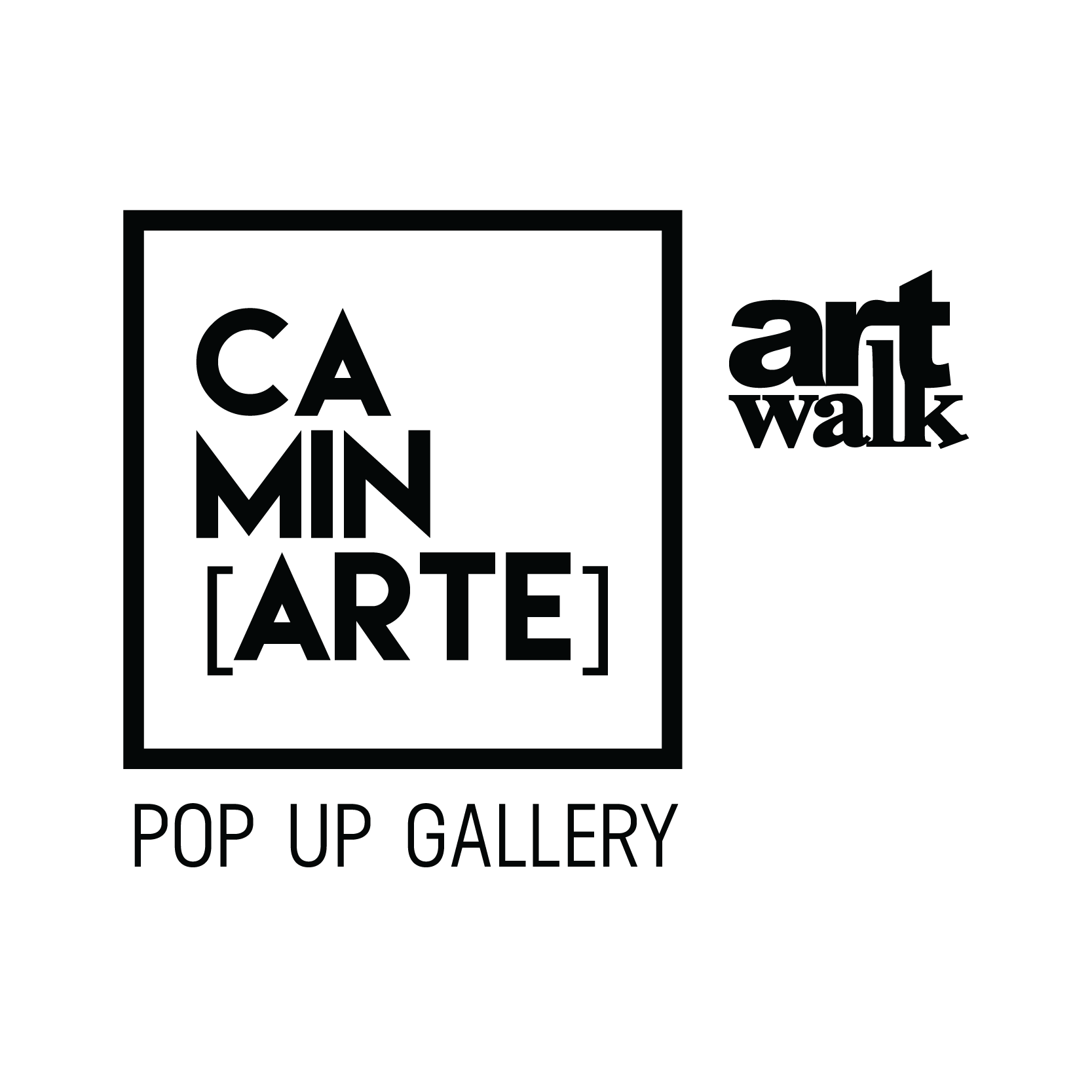 Logo for CAMIN ART pop-up gallery with text 'CAMIN ART', 'POP UP GALLERY', and 'art walk'