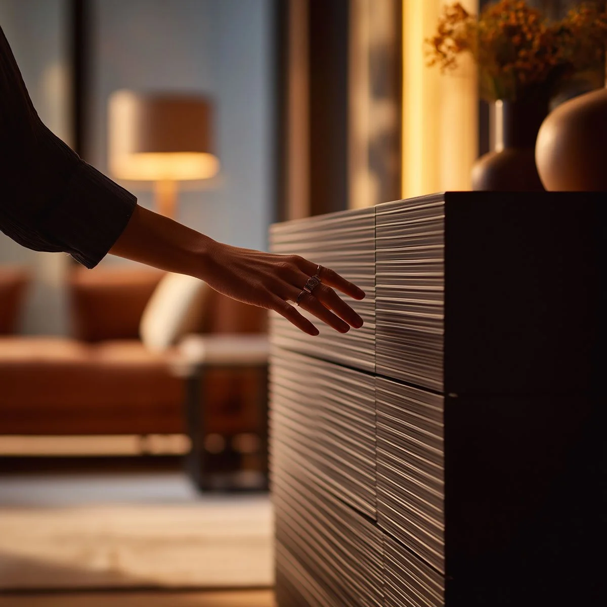 A person's hand reaching out to touch a modern, textured black and white wall panel in a warmly lit living room.