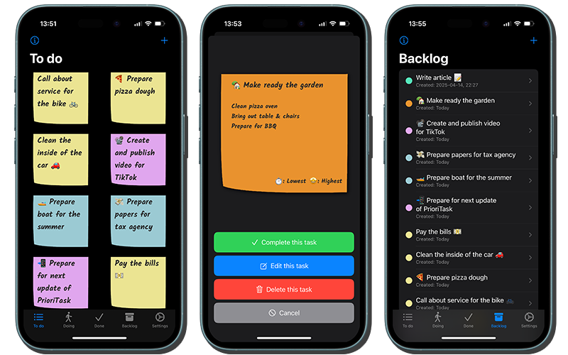 Screenshots from PrioriTask, a task management app with for individuals based on kanban principles.