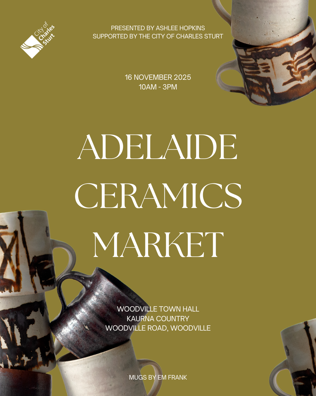 ADELAIDE CERAMICS MARKET poster with stacks of mugs by Em Frank.