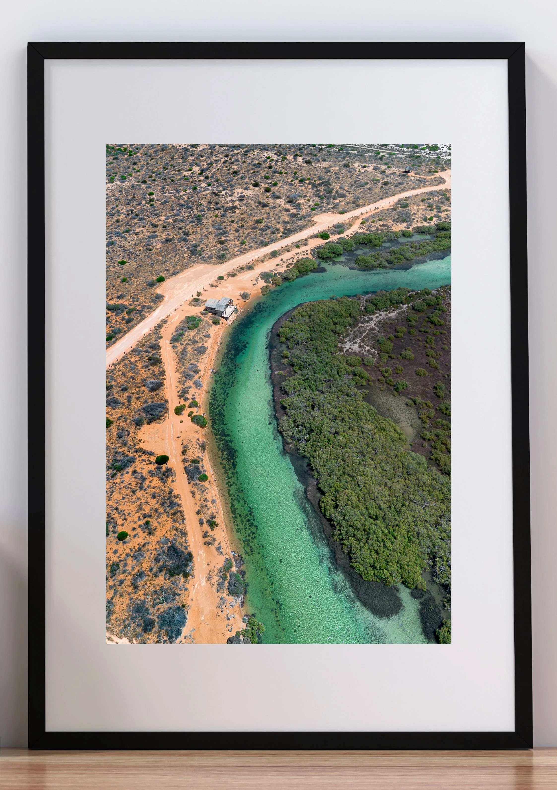 Framed Ariel photograph of Little Lagoon Creek lookout in Denham, Shark Bay, WA