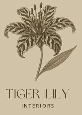 Illustration of a tiger lily flower with leaves, promoting Tiger Lily Interiors.