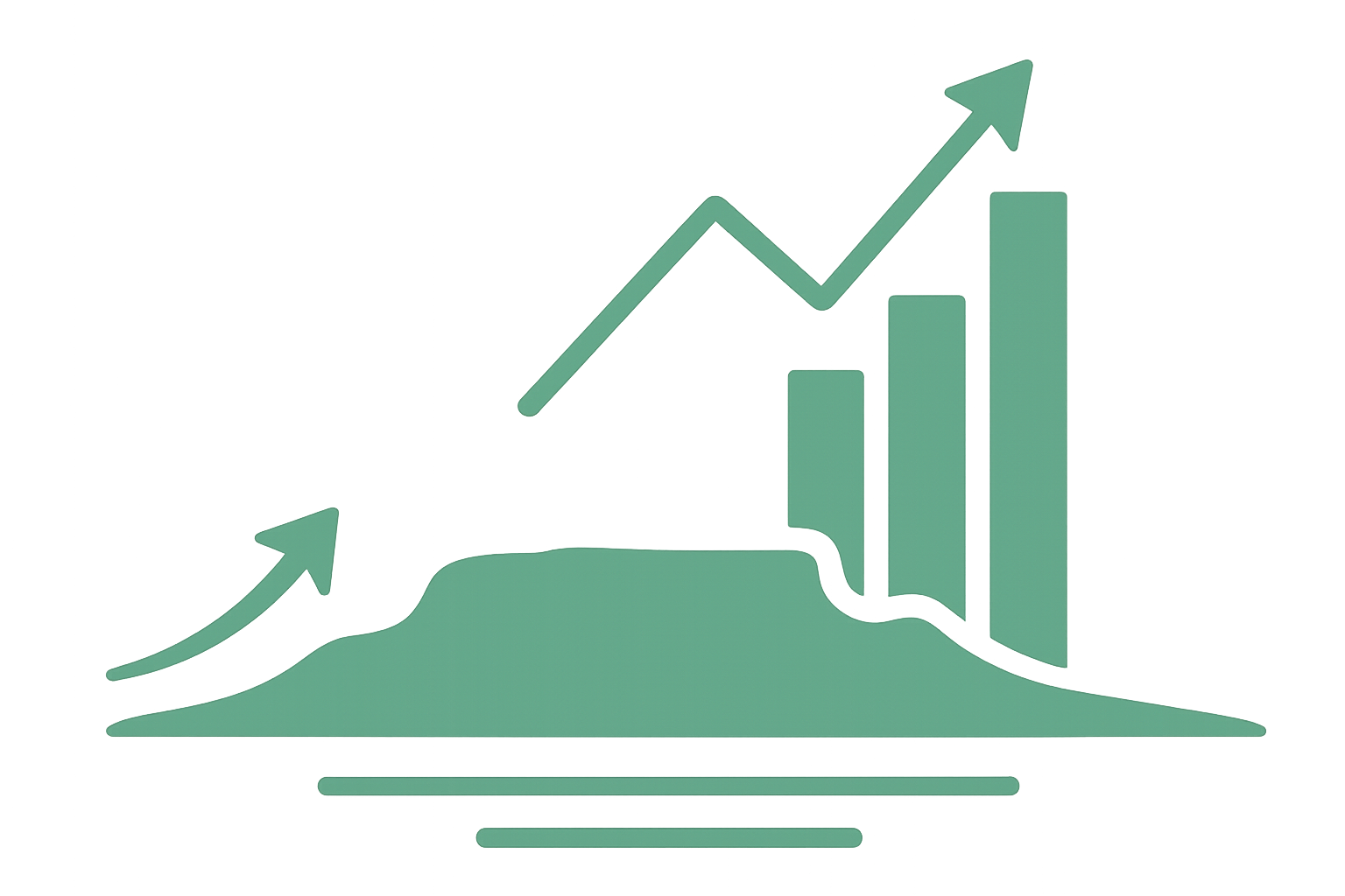 A line graph with data points trending upward and bar heights increasing from left to right, indicating growth or progress over time.