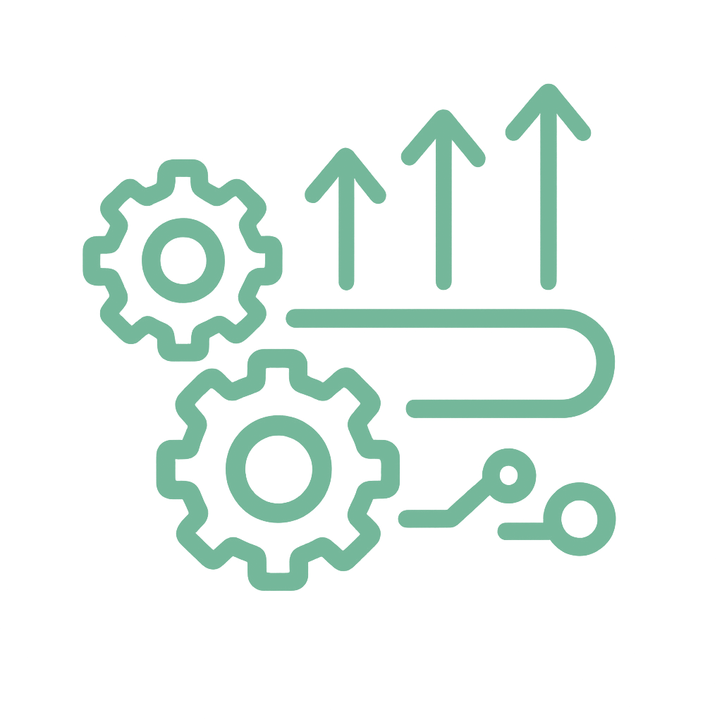 Icon of gears, a directional arrow with upward movement, and a circuit line indicating automation or technology process.