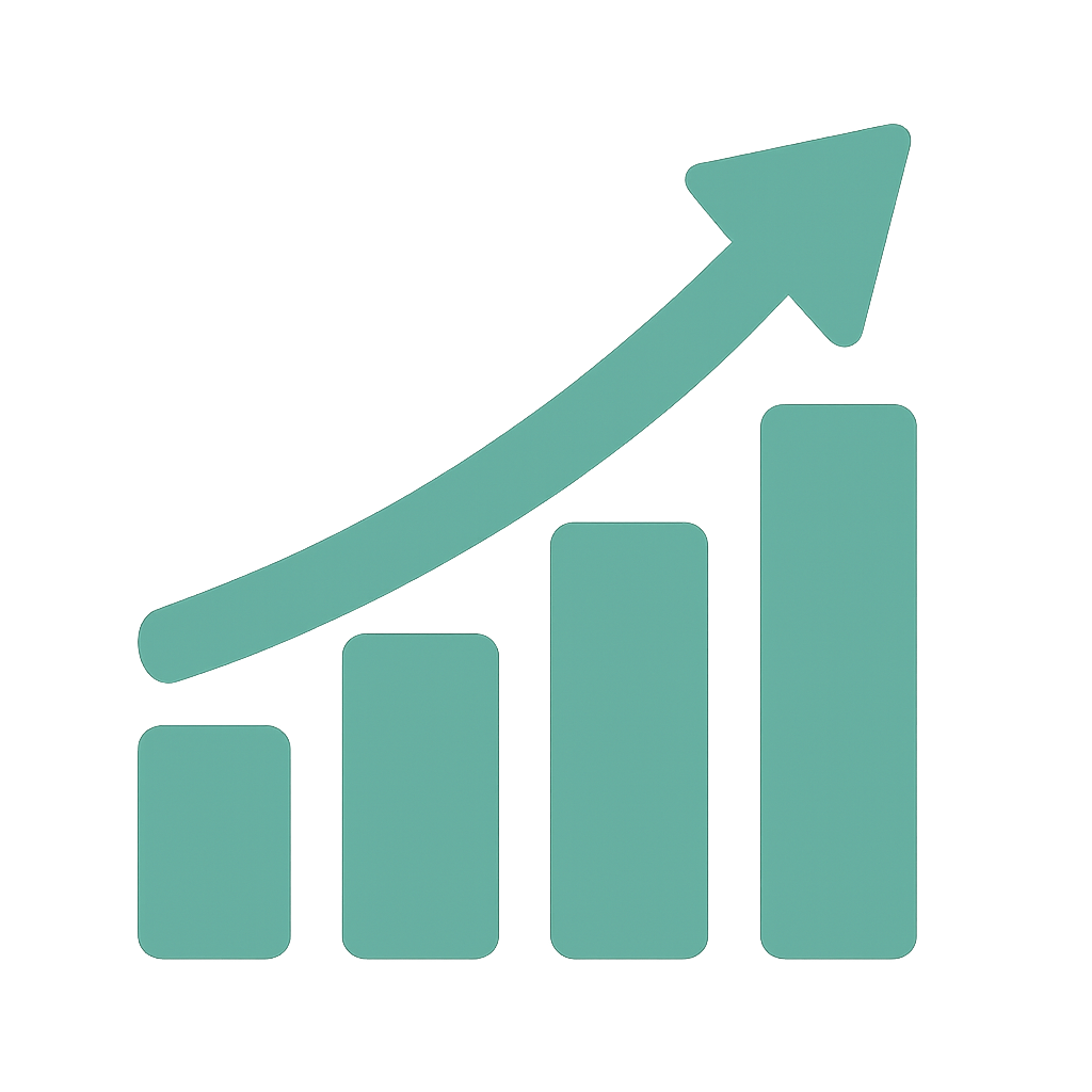 Graph showing increasing bars and an upward trending arrow, indicating growth or progress.
