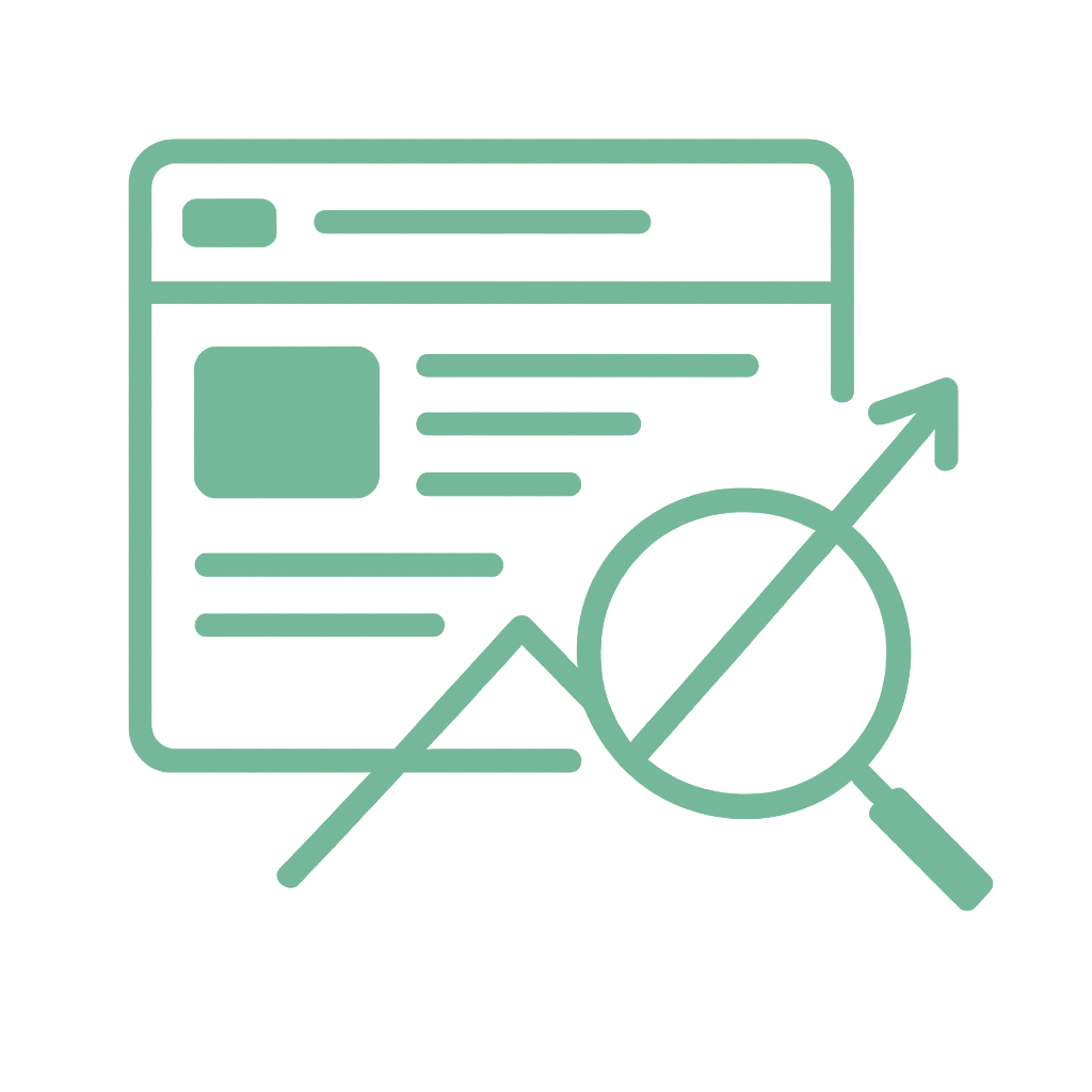 Line drawing of a web page with a magnifying glass and an upward trending arrow, symbolizing web analytics or search engine optimization.