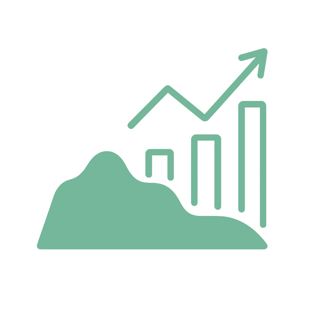 A line graph overlaying a mountain-like shape showing an upward trend with a bar graph, indicating growth or progress.