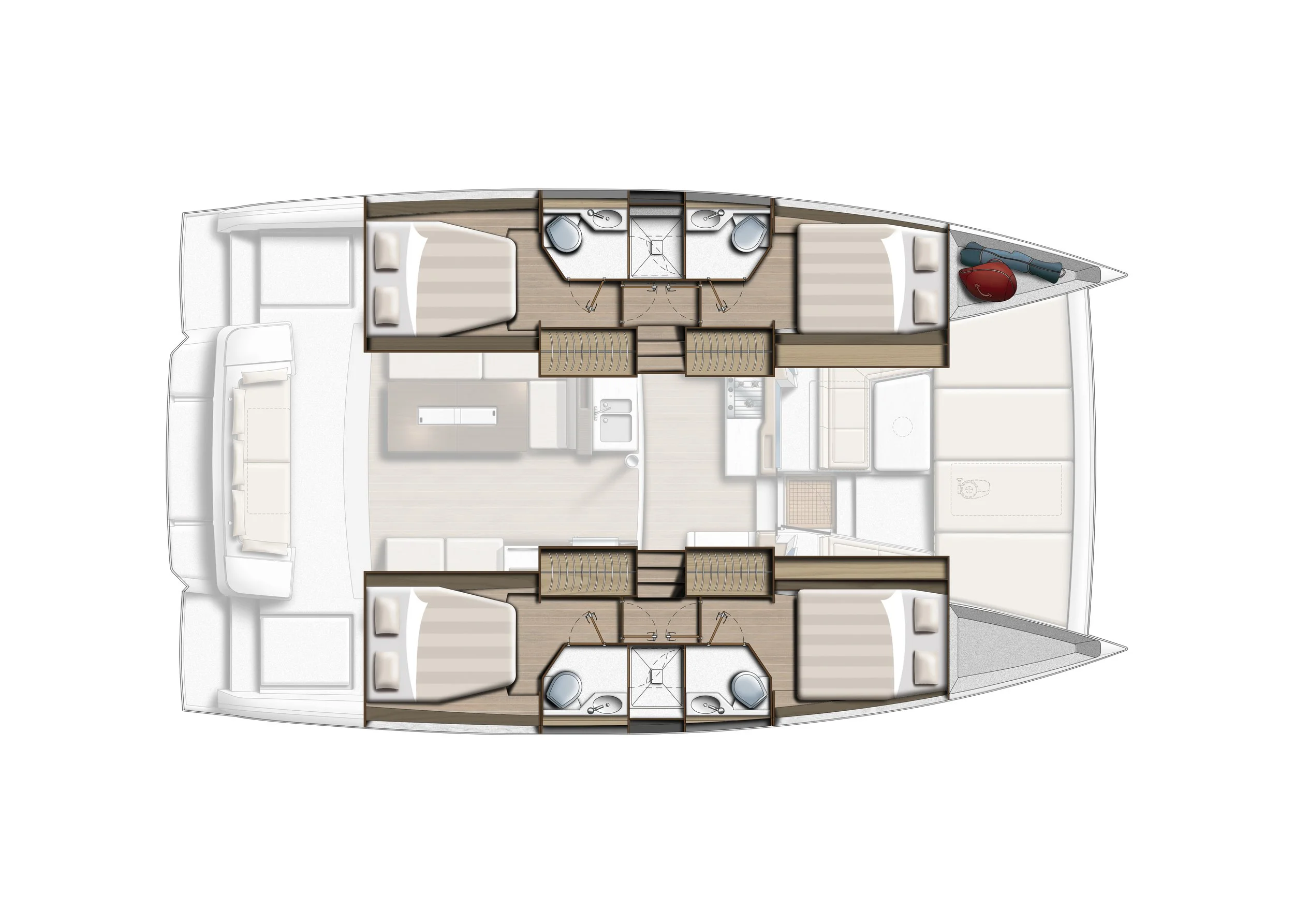 Top-down view of a yacht's interior layout, including four bedrooms, four bathrooms, a central living area, and outdoor deck spaces with equipment and supplies.