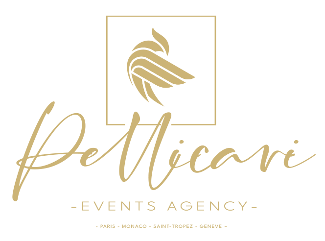 Logo de l'agence événementielle 'De Miciari' avec un symbole de plume stylisée dans un carré, écrit en script et en majuscules, mentionnant Paris, Monaco, Saint-Tropez, Genève.