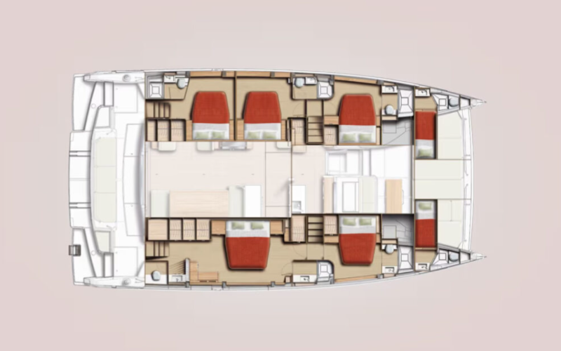 Floor plan of a houseboat or yacht showing multiple bedrooms with beds, bathrooms, and common areas.