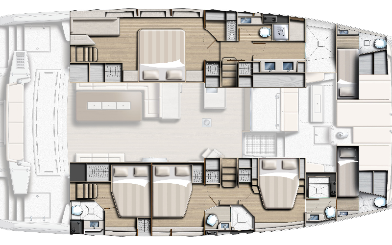Top-down view of catamran BALI interior floor plan with bedrooms, bathrooms, and living areas.