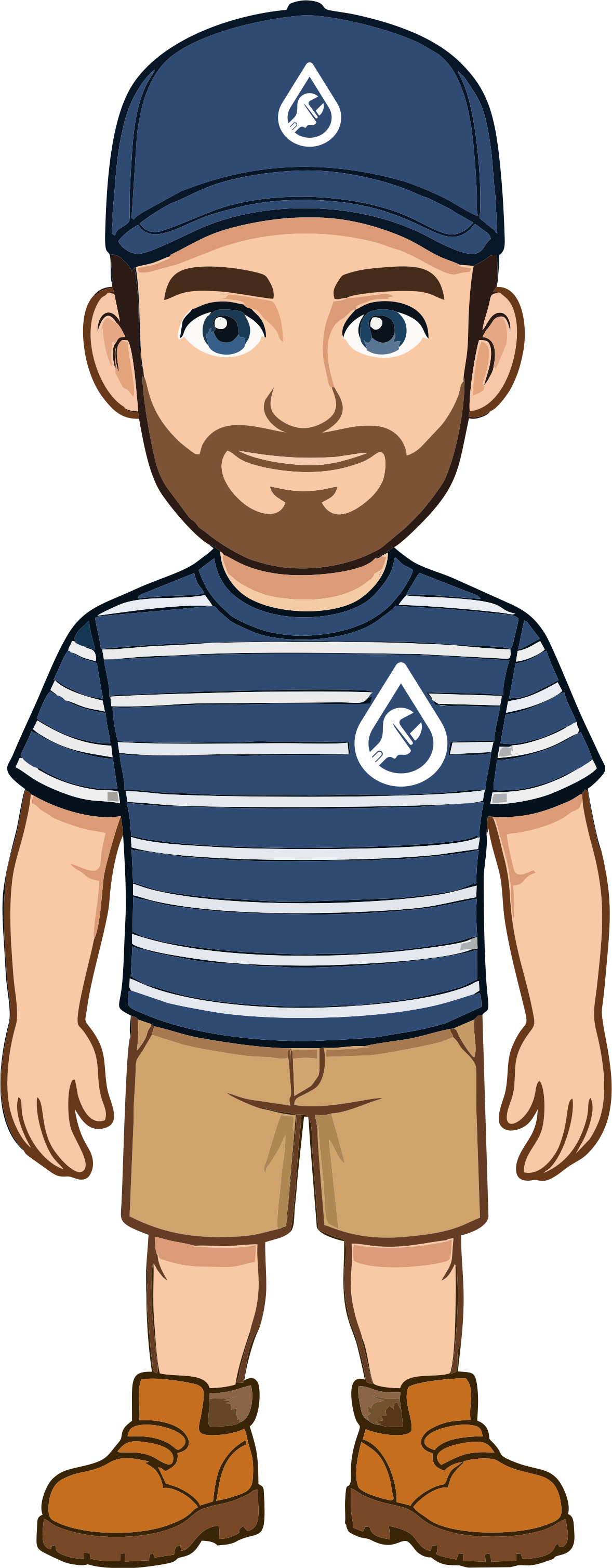 Cartoon image of a man with brown hair and beard, wearing a blue cap with a logo, a striped blue t-shirt with a logo, khaki shorts, and brown boots.