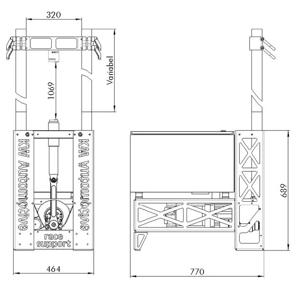 Technisches Diagramm eines Fahrzeug-Hebebühne mit Abmessungen, Ansicht von vorne und seitlich, mit Höhenangaben und mechanischen Komponenten.