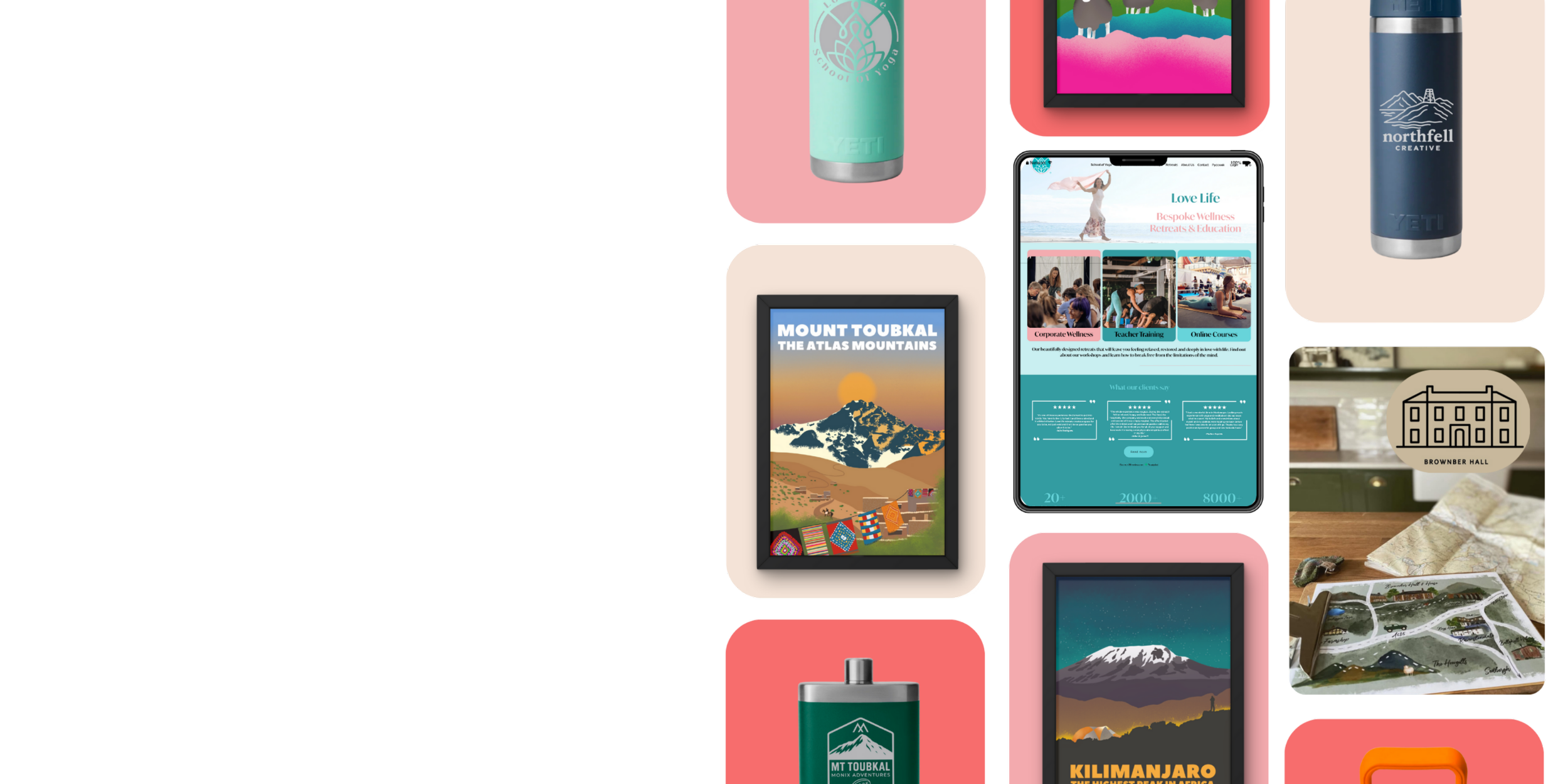 Flat lay arrangement of various branded water bottles, digital screens showing promotional content including Mount Toubkal and Kilimanjaro, a framed artwork with scenic mountain imagery, and a table with maps and brochures, on colorful backgrounds.