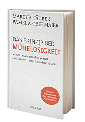 Buchcover mit Titel 'Das Prinzip der Müßiggang' von Marcus Täuber und Pamela Obermaier, weißer Hintergrund, roter Kreis mit Hinweis auf neue Erkenntnisse, das Buch erscheint im Collegium Verlag.
