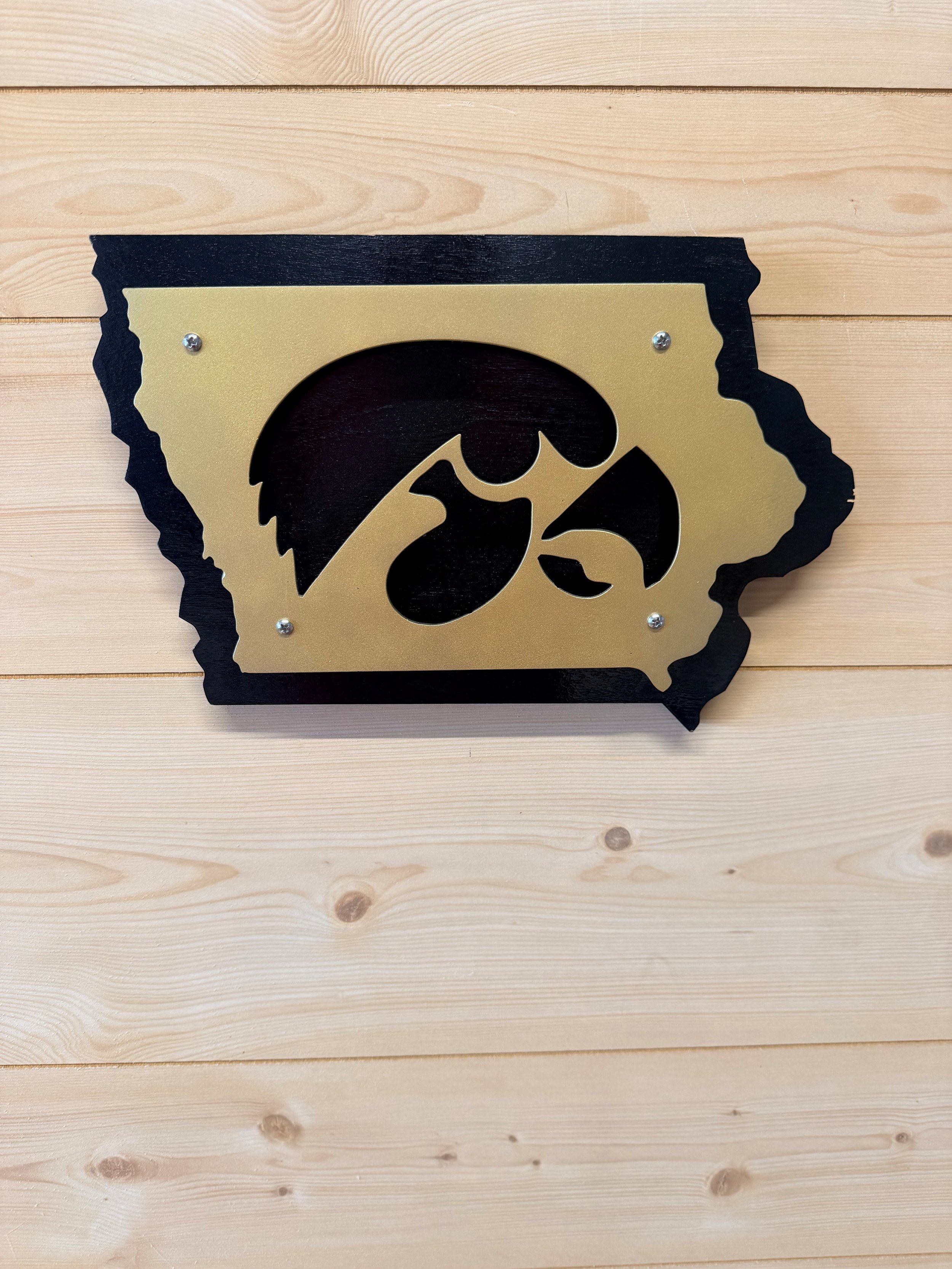 Iowa Hawkeye Wooden/Metal State of Iowa Wall Hanging-  Vintage Gold Tigerhawk (Copy)