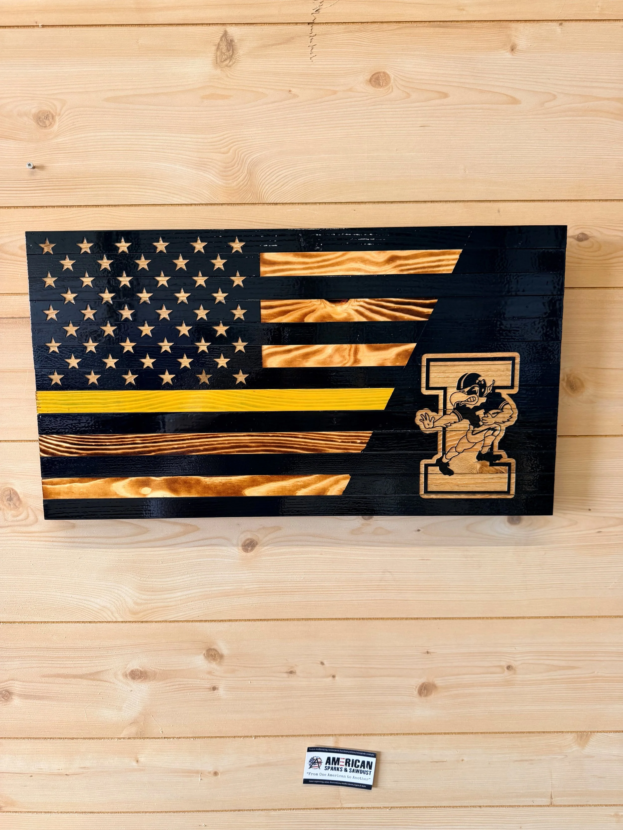 Iowa Hawkeye Wooden Flag- Stiff Arm Herky