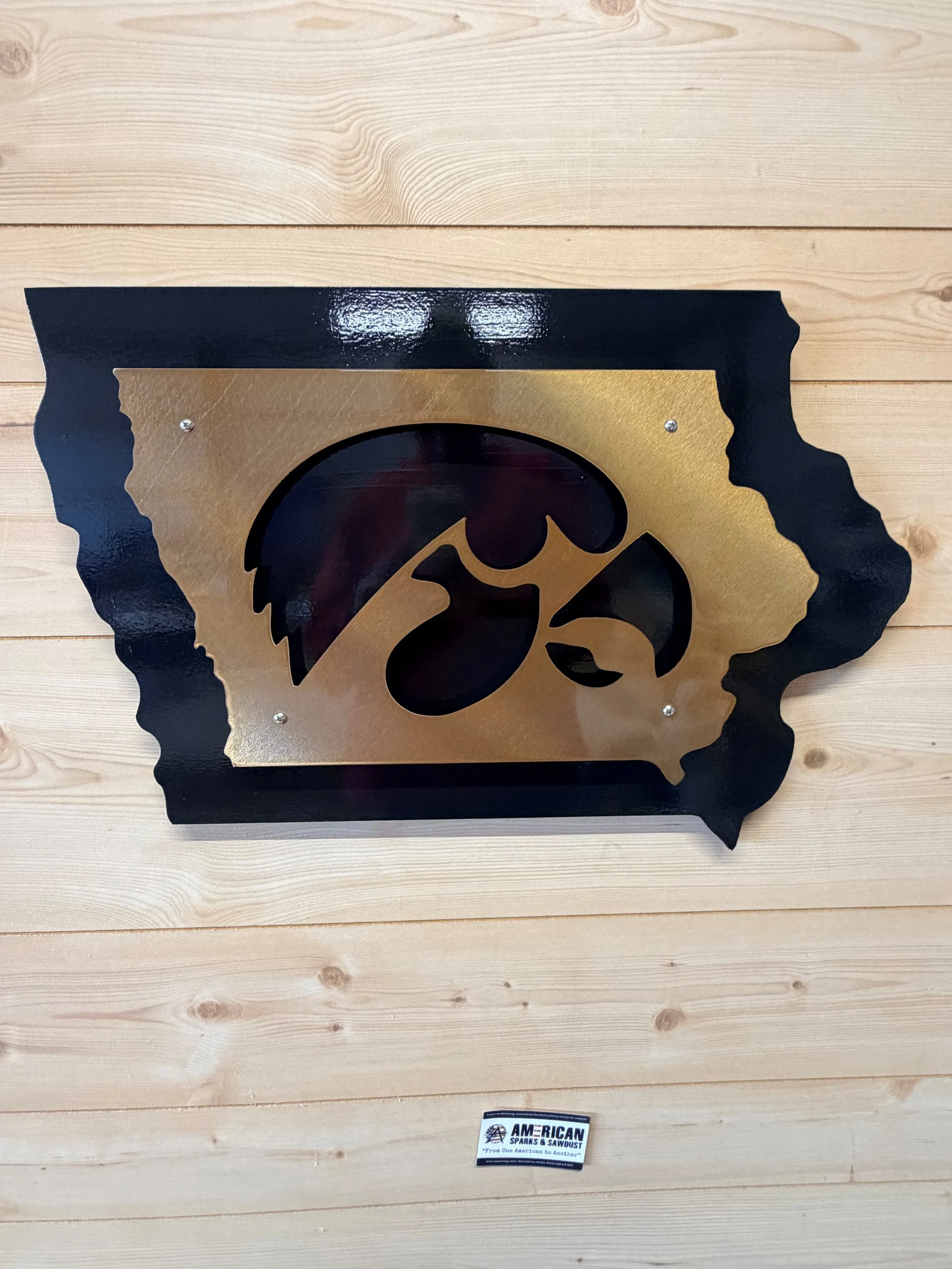 Iowa Hawkeye Wooden/Metal State of Iowa Wall Hanging-  Transparent Gold Tigerhawk