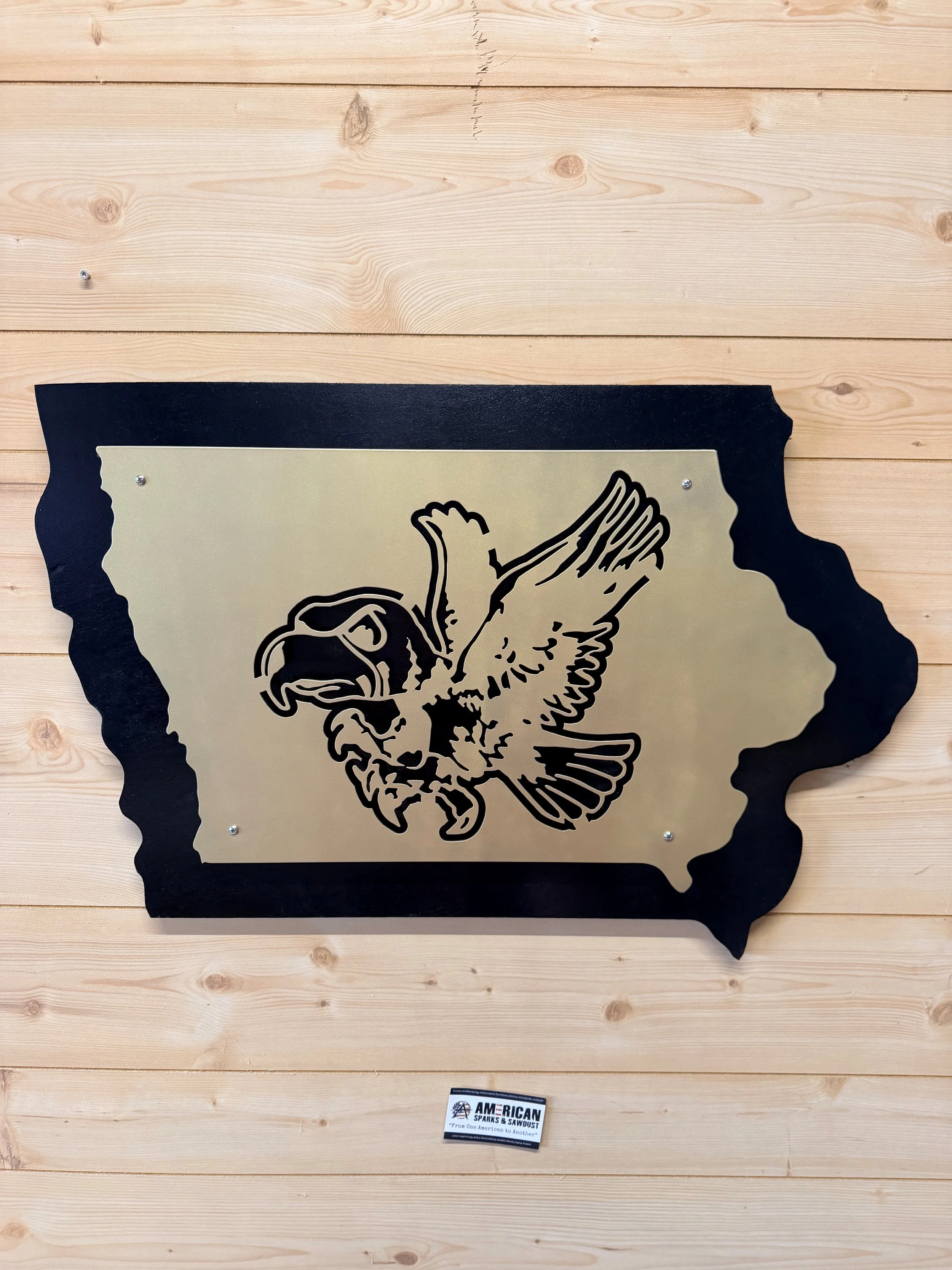 Iowa Hawkeye Wooden/Metal State of Iowa Wall Hanging-  Vintage Gold Bird of Prey