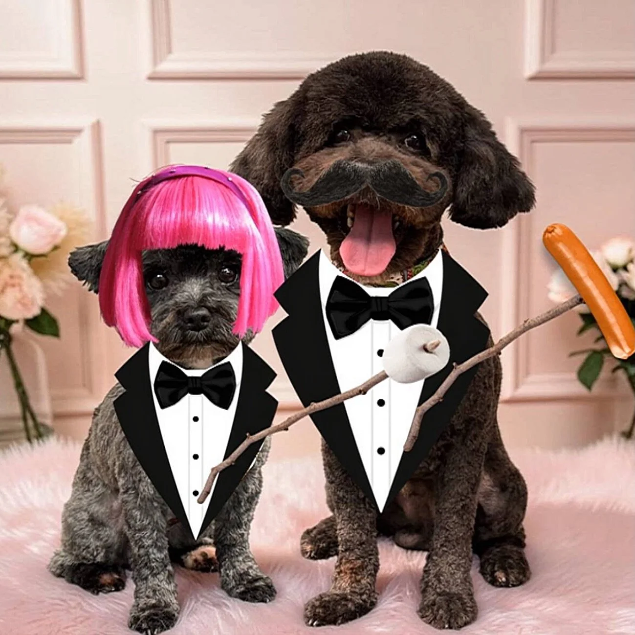 🎩🌭 When your dinner party gets a little extra on Petzbe we are totally obsessed&hellip; 🐾

One came dressed for a black-tie event.
One showed up in a neon wig.
And somehow they both agreed that roasting a hot dog over the campfire was the perfect 