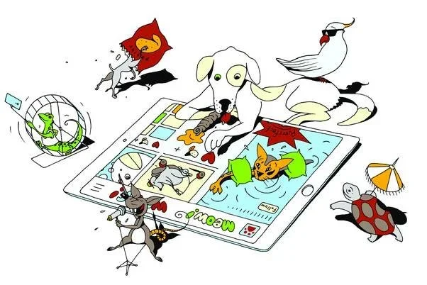Multiple animated animals, including a dog, bird, turtle, cat, worm, and mouse, are interacting with a large tablet displaying a virtual pet game.