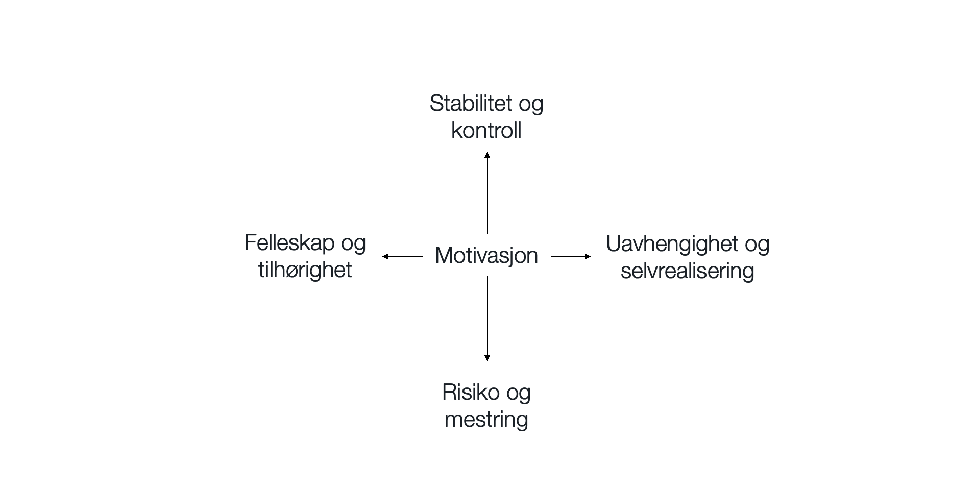 Et bilde med tekst. Det er et motivasjonskryss der stabilitet og risiko, krysses av fellesskap og individualitet.