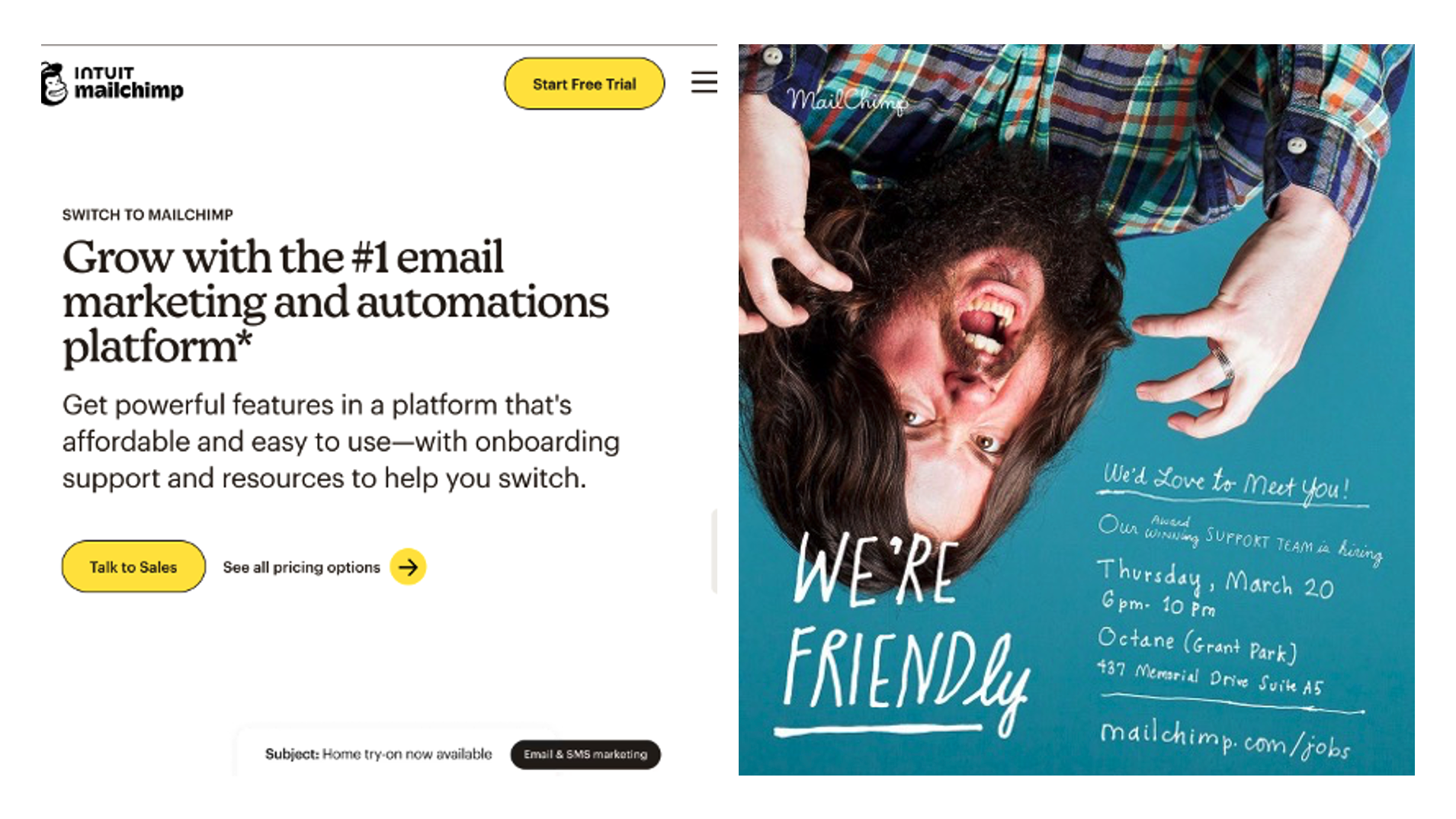 To mailchimp-reklamer side om side, en er saklig, en er gøyal.