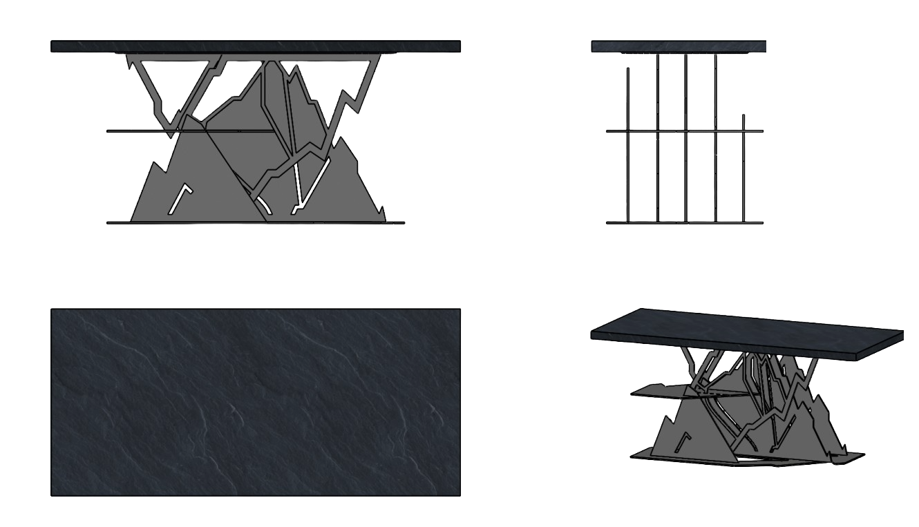 Un plan architectural et une modélisation numérique d'une table avec un design moderne, utilisation de matériaux sombres, comprenant une implementation en plan et une vue en perspective