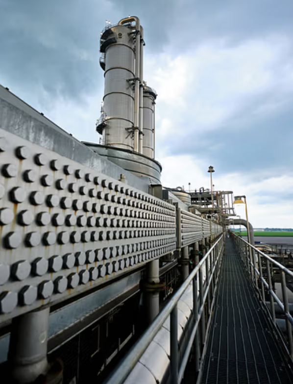 Industrial facility with large metallic pipes and structures, including vertical cylinders, against a cloudy sky.