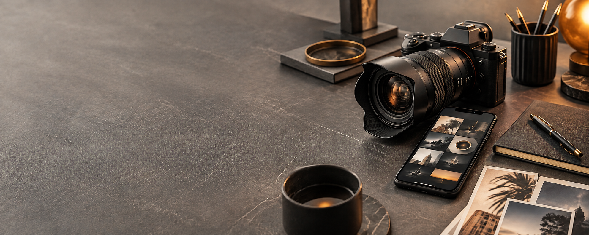 Camera, smartphone content grid, notebook and printed photographs representing GK Content Studio in New Orleans.