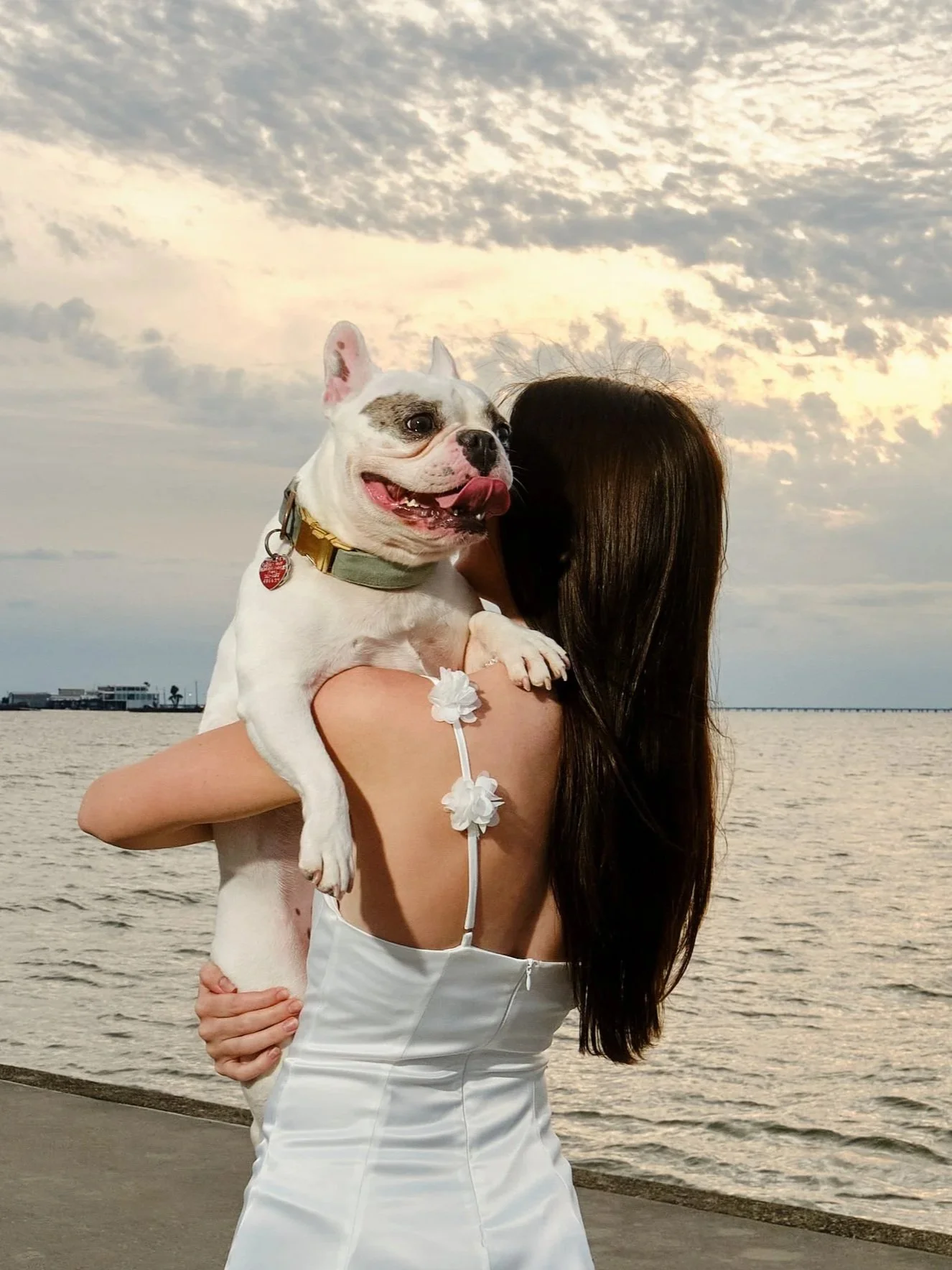 A woman holding a happy French Bulldog on her shoulder by the water during sunset.