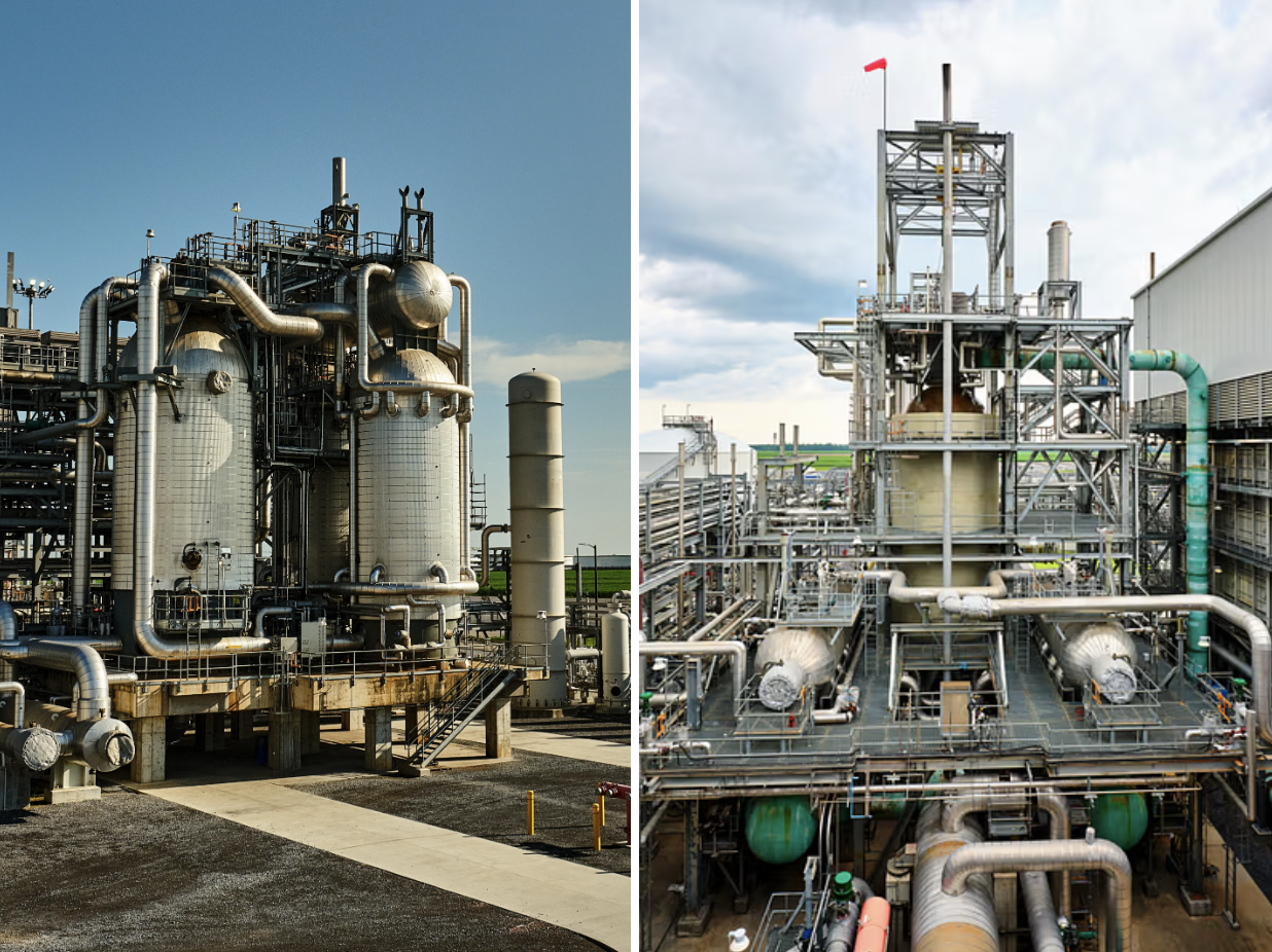 Two industrial refinery towers with pipes and tanks, one shot outdoors with blue sky, the other with a partly cloudy sky and additional structure.
