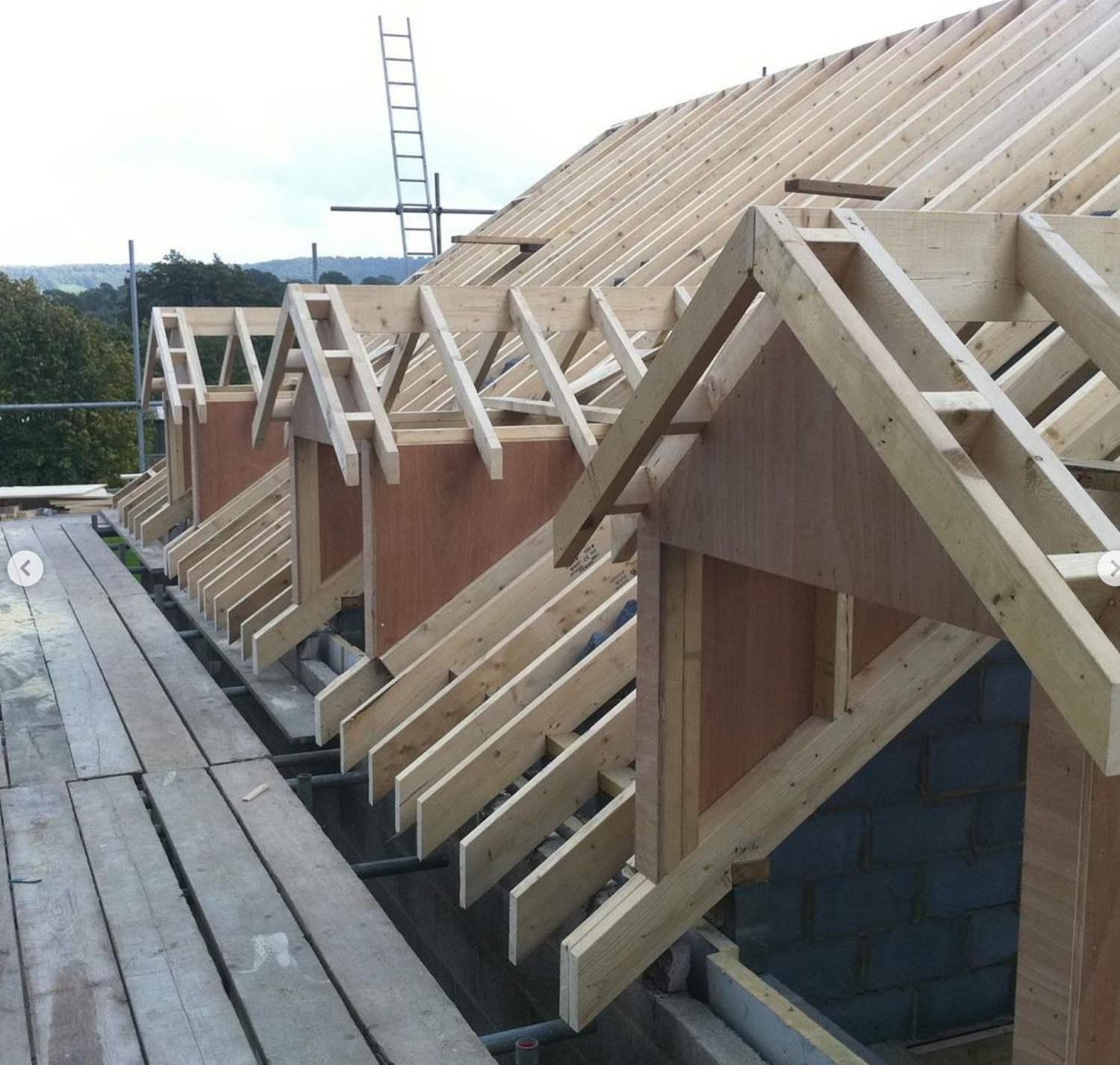 Construction of a house roof with wooden framing and rafters, scaffolding in the background.