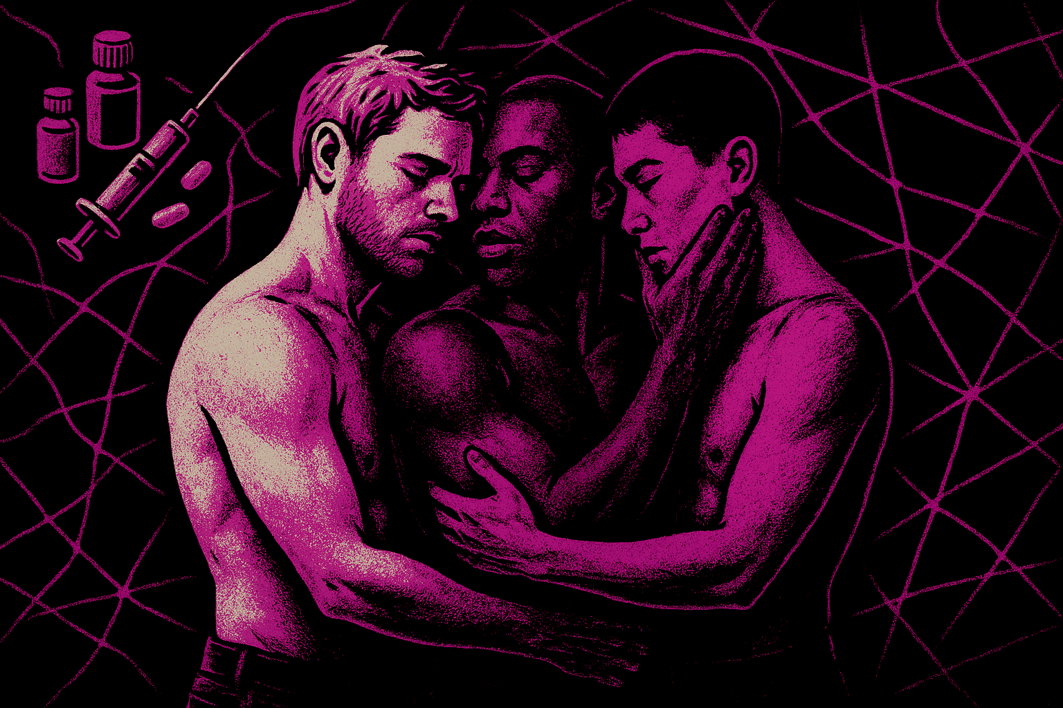 Three shirtless individuals with diverse skin tones are embracing each other against a black background with pink geometric lines. Medical supplies including vials and a syringe are in the upper left corner.