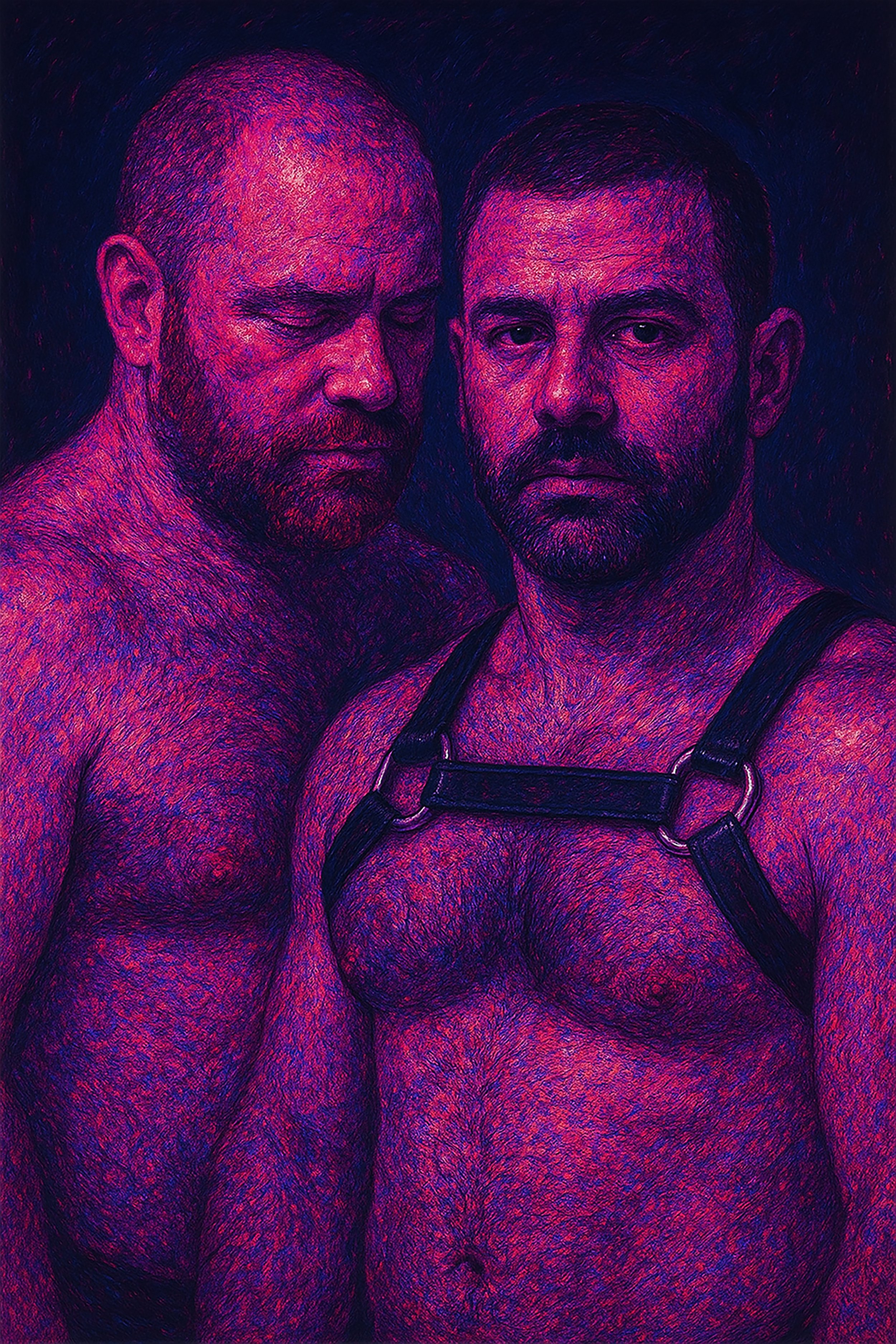Digital art portrait of two shirtless men with beards and similar facial features, one with eyes closed and the other looking at the camera, wearing a black harness, against a dark background with vibrant purple and pink hues.