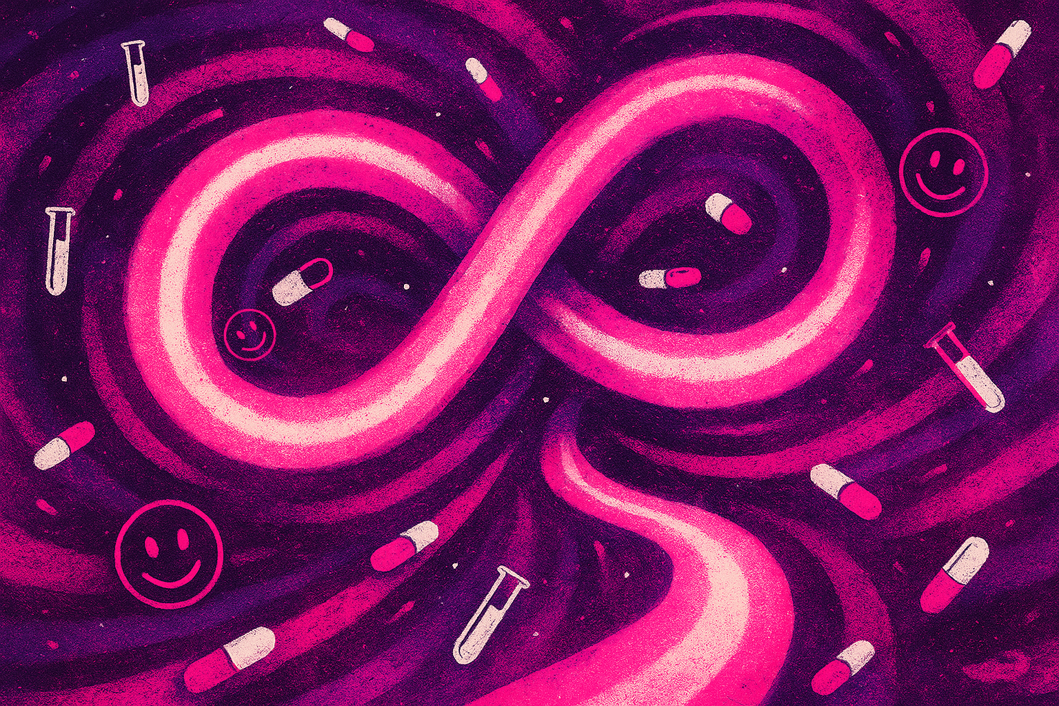 A gritty neon illustration in hot pink and deep purple shows an infinite loop spiralling into darkness. Scattered around the loop are pills, test tubes, and faint smiley faces, creating a psychedelic, disorienting effect.