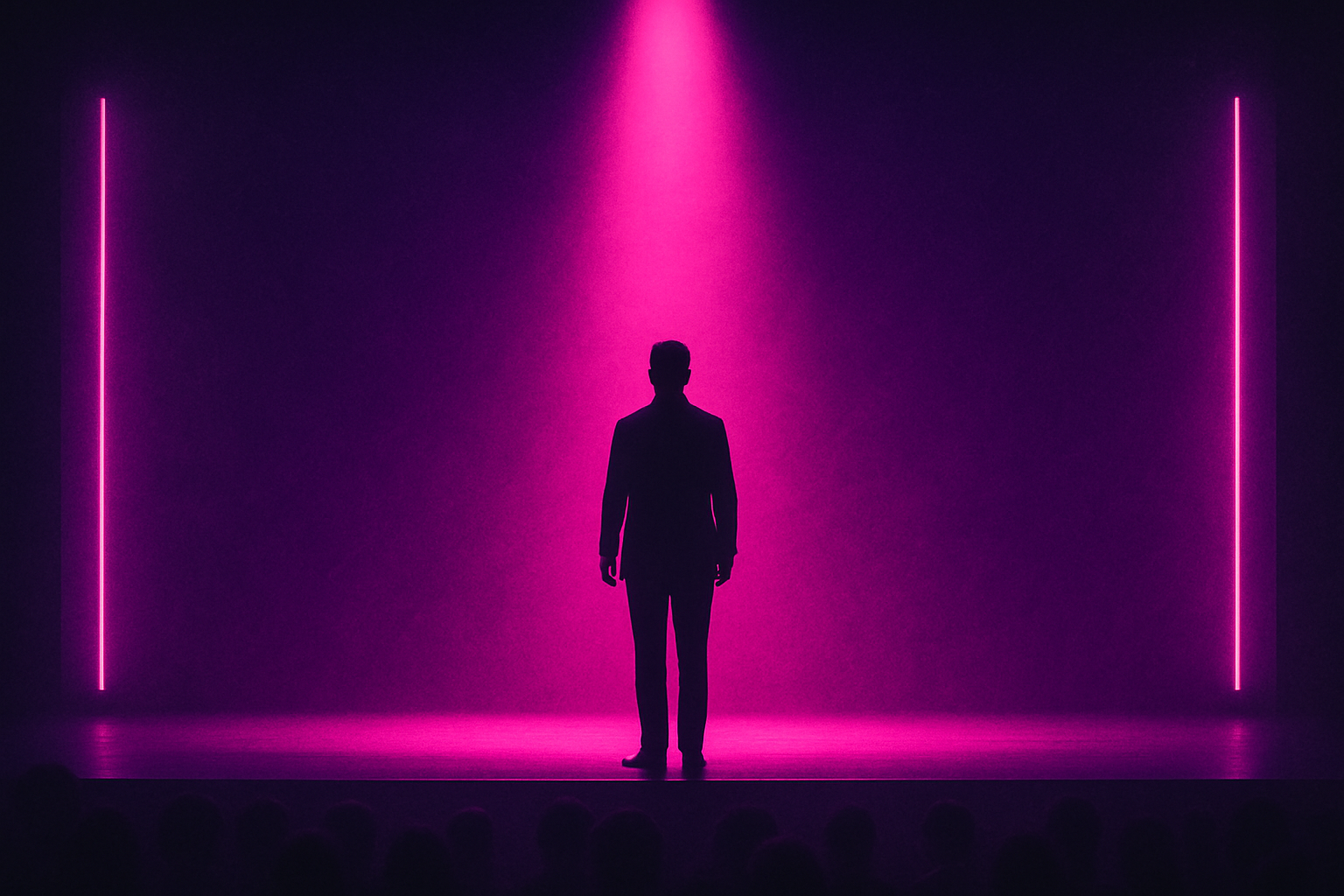 Silhouette of a person standing on a stage with bright pink neon lights and fog, seen from the back.