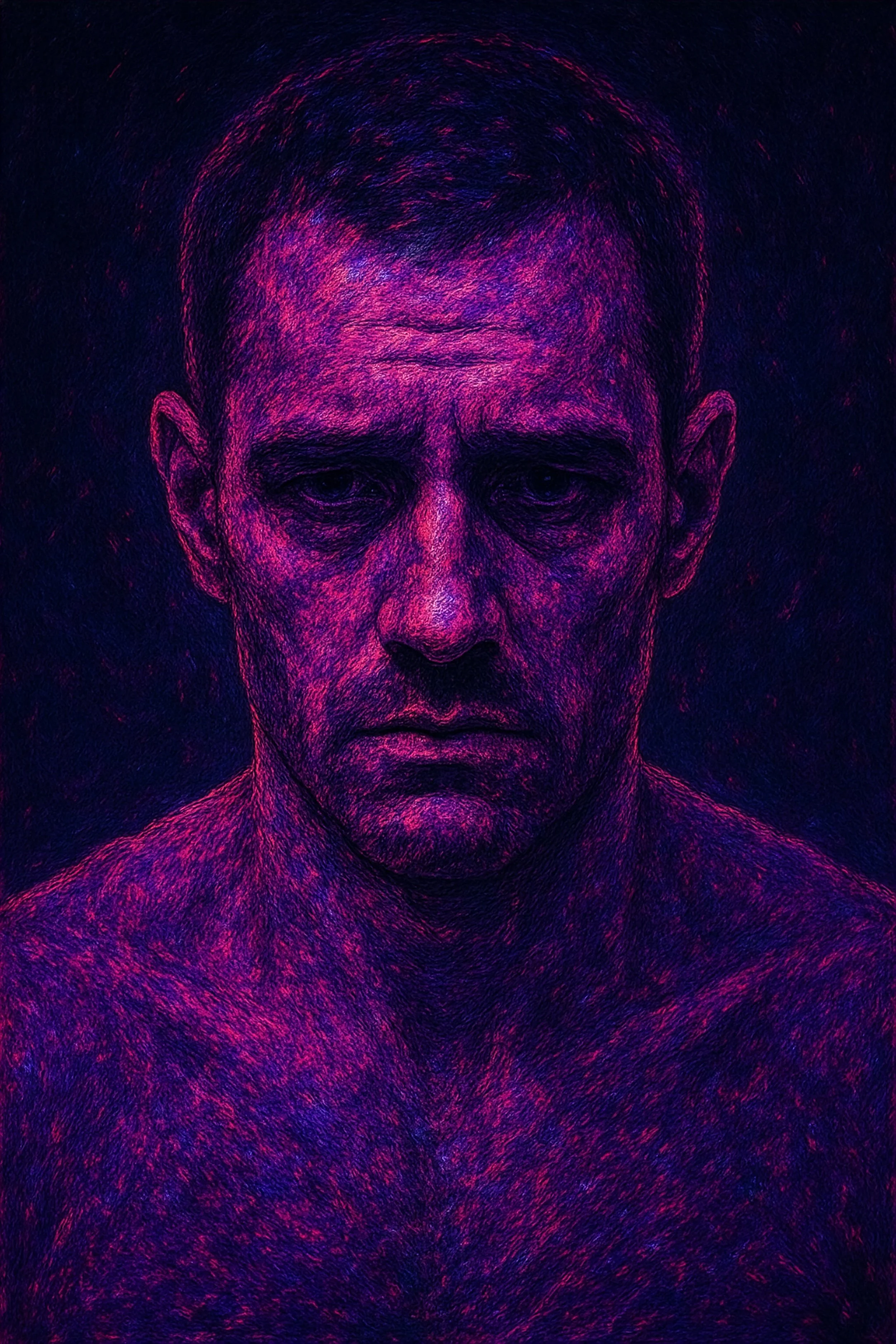 A digitally stylized portrait of a man with intense, dark eyes, short hair, and a serious expression, rendered in vibrant purple and pink tones on a dark background.