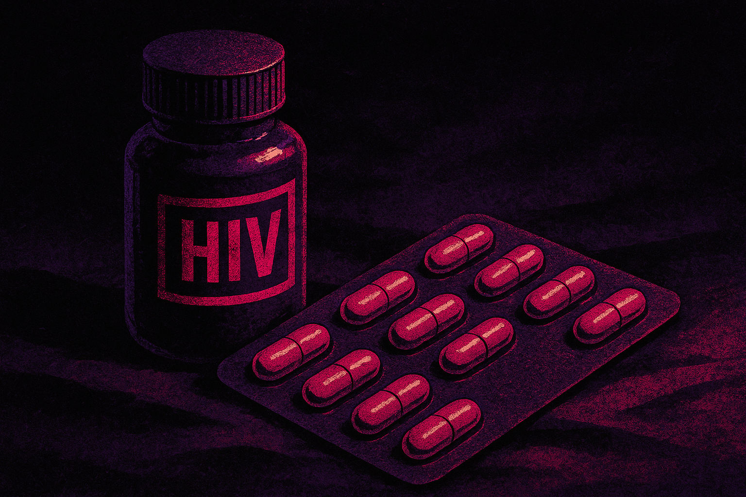 A bottle labeled HIV next to a blister pack of red pills on a dark surface.