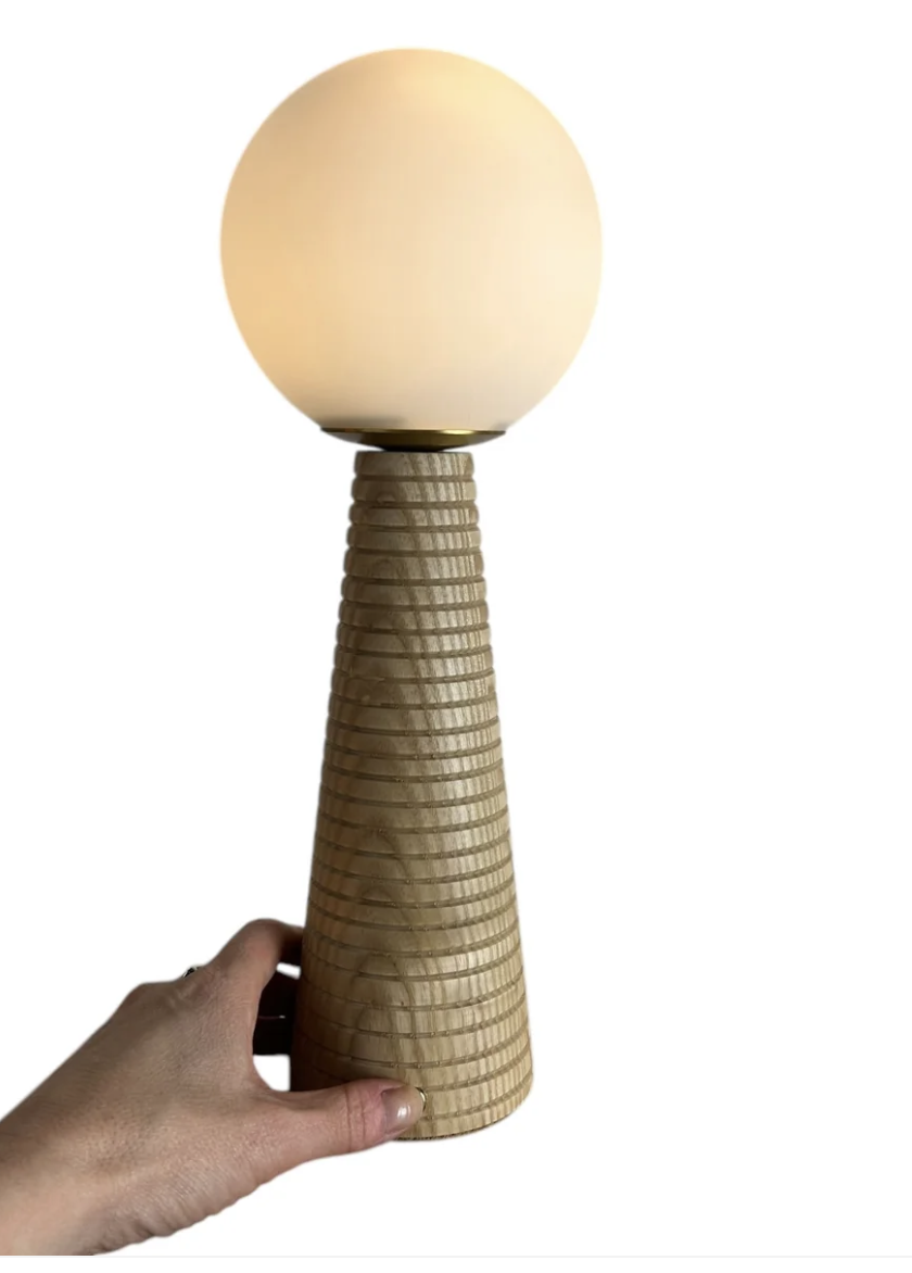 Large Deco Cone Ribbed Beech Style rechargeable touch lamp