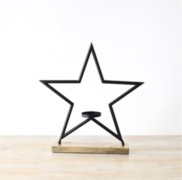 Black Star on Wooden Base, T Light Holder